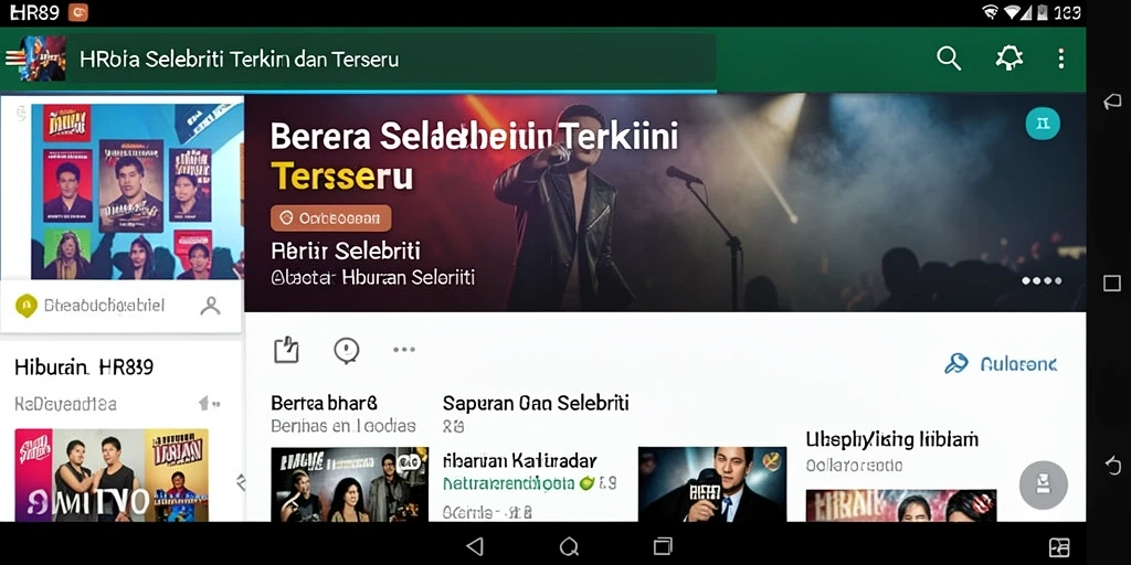 Antarmuka aplikasi HR89 yang menarik dengan berita selebriti terbaru.