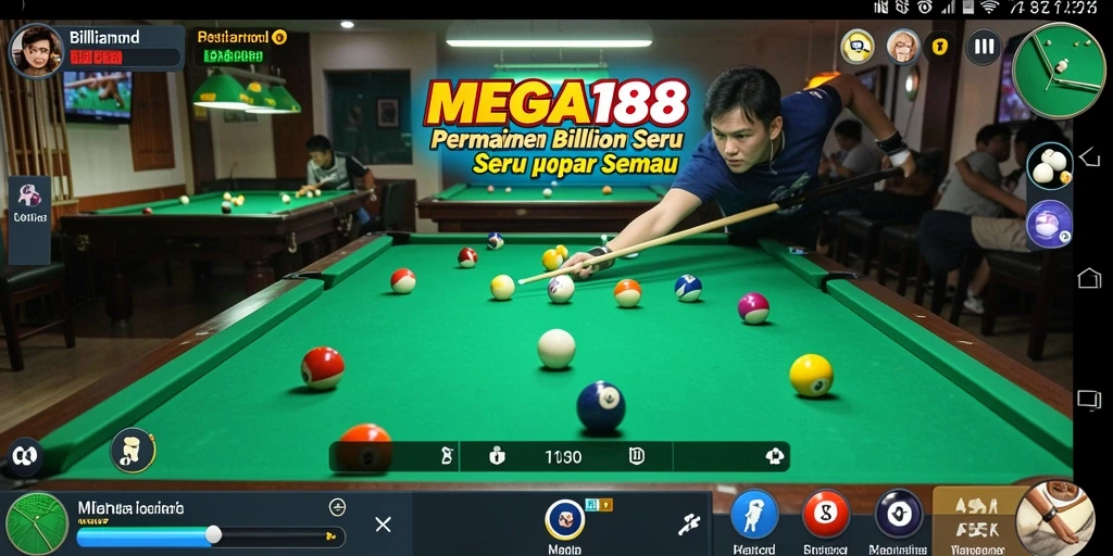Antarmuka game MEGA188 yang menampilkan meja billiard dan bola-bola yang siap dimainkan.